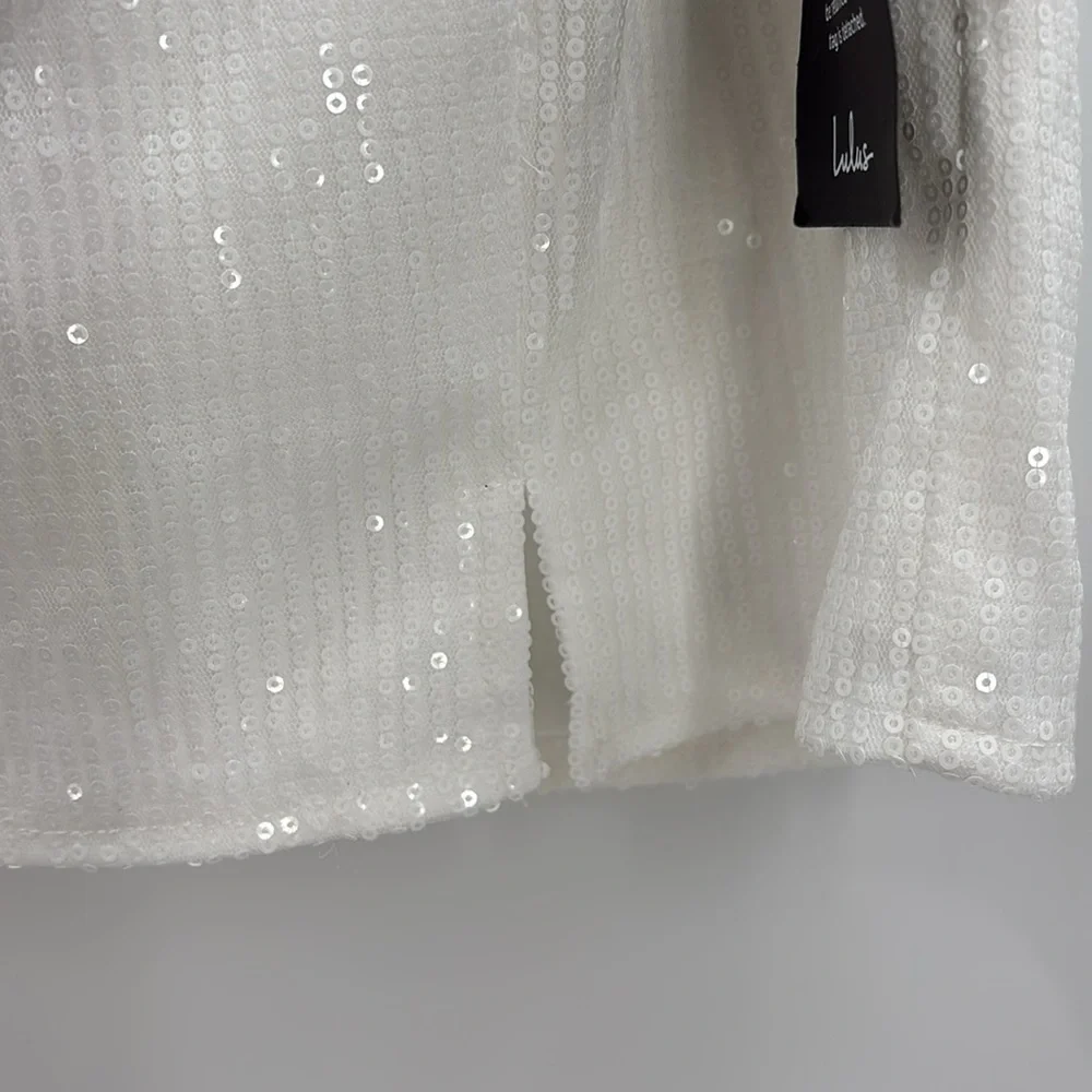 Lulus Glowing Intentions White SEQUIN Bustier Tie-Strap Mini Dress size M NWT - Picture 8 of 16